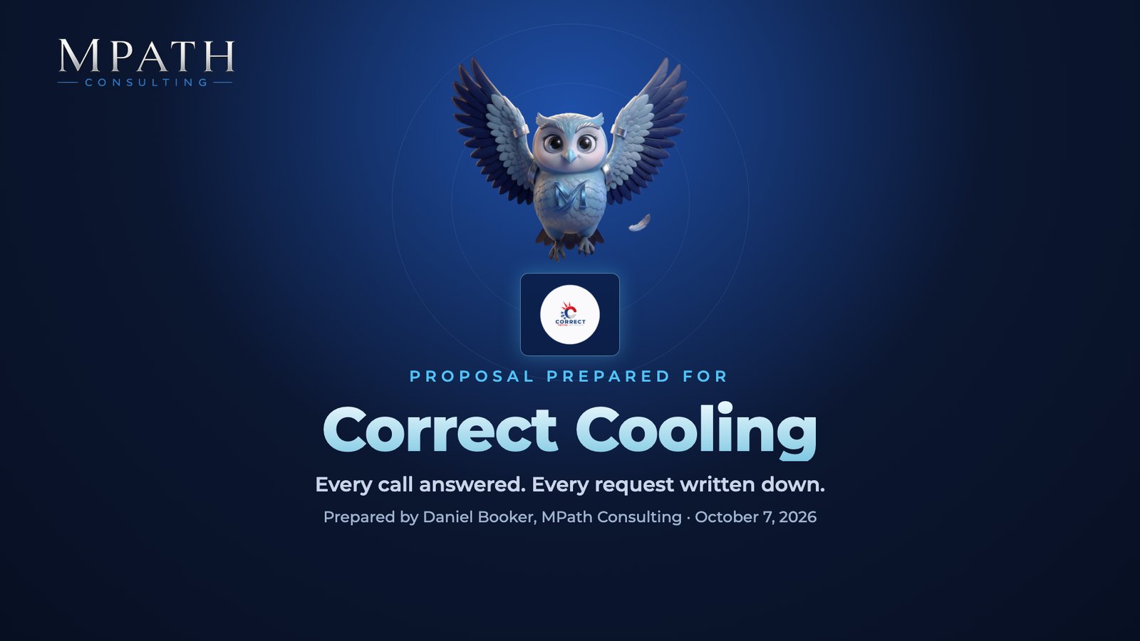 Slide 1: Proposal prepared for Correct Cooling Every call answered. Every request written down. Prepared by Daniel Booker, MPath Consulting · October 7, 2026
