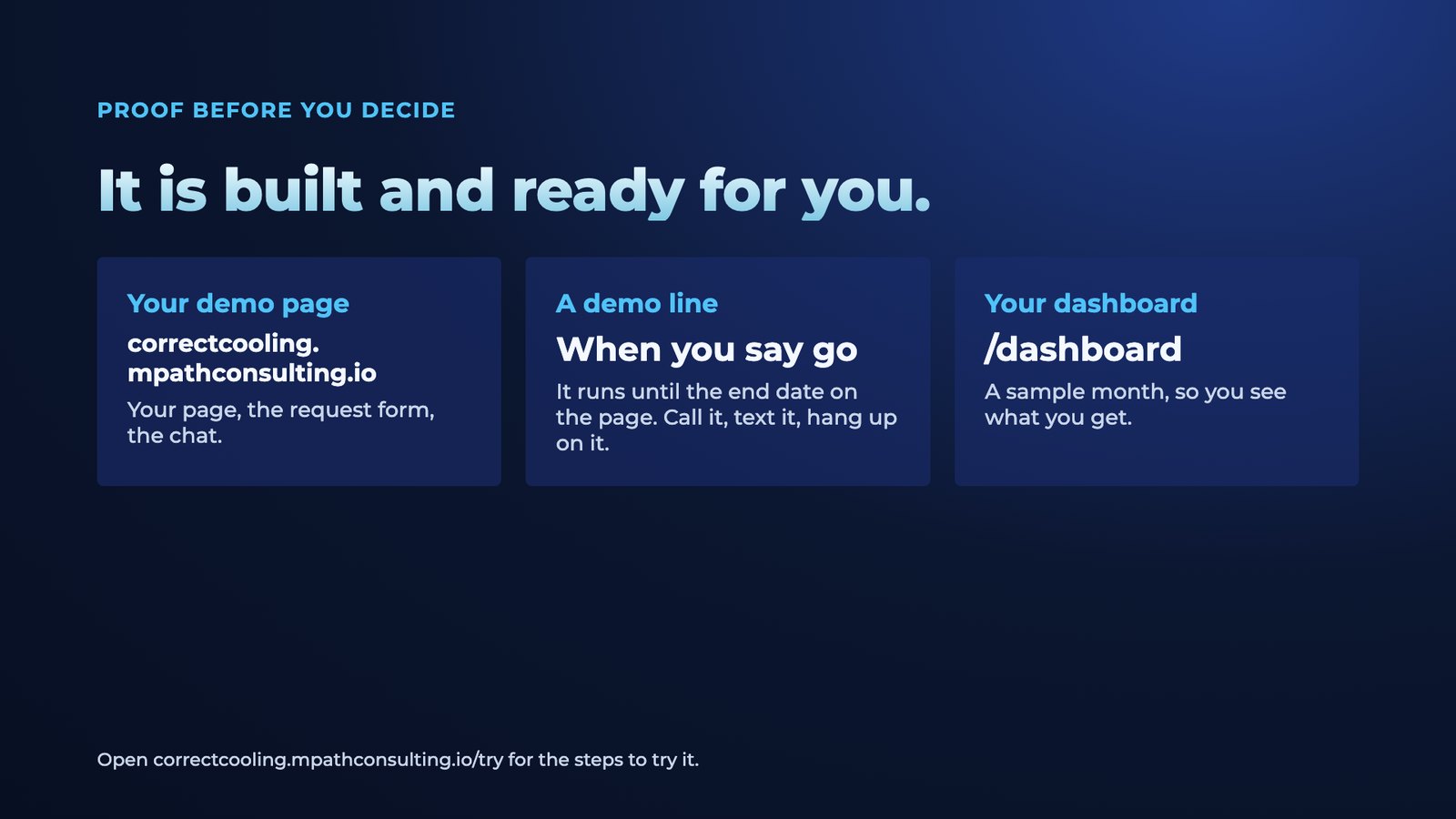 Slide 3: Proof before you decide It is built and ready for you. Your demo page correctcooling. mpathconsulting.io Your page, the request form, the chat. A demo line When you say go It runs until the end date on the page. Call it,